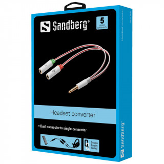 Sandberg Kábel Átalakító - Headset converter Dual->Single (3,5mm TRRS jack apa -> 3,5mm jack audio+mikrofon anya; fe PC