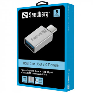 Sandberg Kábel Átalakító - USB-C to USB3.0 Dongle (ezüst; USB-C bemenet; USB3.0 (anya) kimenet) PC