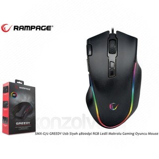 Rampage Egér Gamer - SMX-G72 GREEDY RGB (4800DPI, 8 gomb, makro, RGB LED, 1,7M kábel, fekete) PC