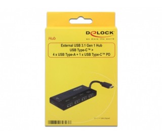 DeLock External USB 3.1 Gen 1 Hub USB Type-C > 4xUSB Type-A + 1xUSB Type-C PD PC