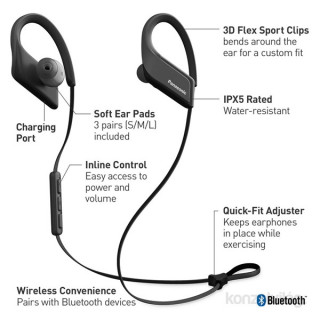 Panasonic RP-BTS35E-K fekete vízálló Bluetooth sport fülhallgató headset Mobil